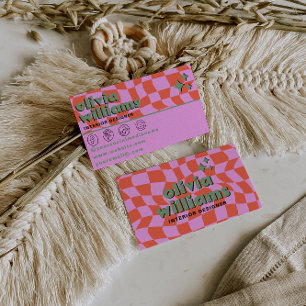 Tarjeta De Visita Retro Rosa Naranja Boho Groovy Cuadros Único
