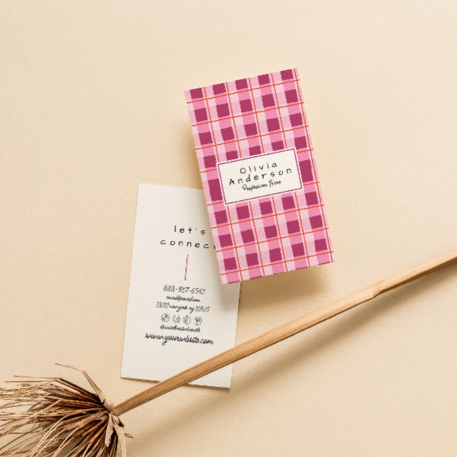 Tarjeta De Visita Retro Rosa Rojo Checkered Quirky Boho Girly Fun (Subido por el creador)