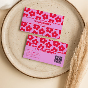 Tarjeta De Visita Retro Rosa Rojo Código QR Groovy Floral Boho Femen