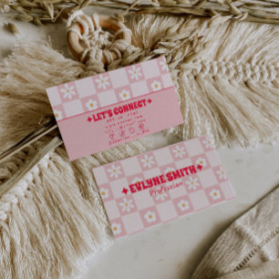 Tarjeta De Visita Retro Rosa Rojo Cuadros Groovy Floral Boho Moderno