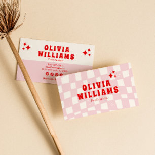 Tarjeta De Visita Retro Rosa Rojo Negrita Groovy Trendy Girly Checkl
