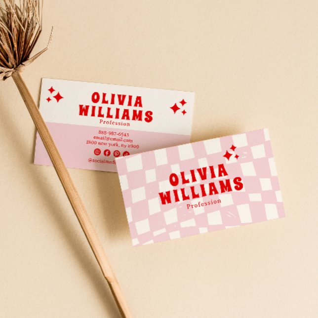 Tarjeta De Visita Retro Rosa Rojo Negrita Groovy Trendy Girly Checkl (Subido por el creador)