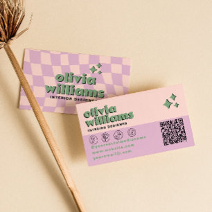 Tarjeta De Visita Retro Rosa Verde Código QR Groovy Cuadros Moderno
