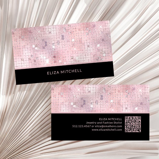 Tarjeta De Visita Retro Rubor Pink Disco Espejo | Código QR (A glam, disco-ball inspired business card in blush pink and black with a scannable QR code)