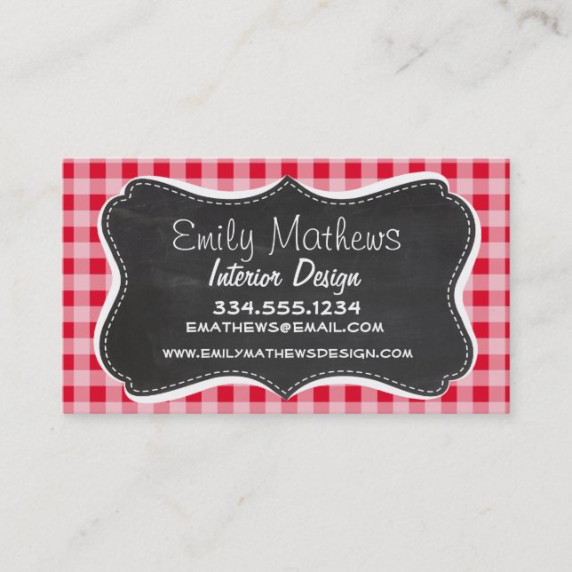Tarjeta De Visita Retro Scarlet Red Gingham; aspecto de Chalkboard (Anverso)