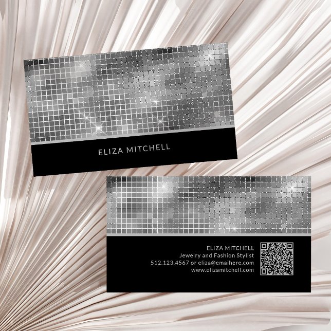 Tarjeta De Visita Retro Silver Gray Disco Ball Mirror | Código QR (A glam, disco-inspired silver and black business card, with a scannable QR code)