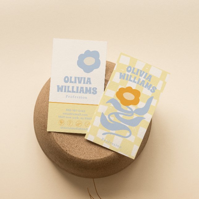 Tarjeta De Visita Retro Soft Boho Groovy Checkered Floral Unique 70s (Subido por el creador)