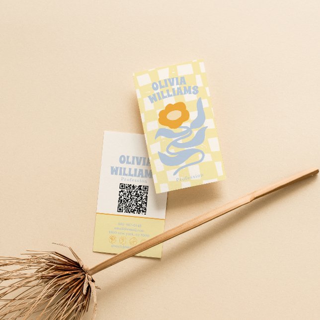 Tarjeta De Visita Retro Soft QR Code Boho Groovy Checkered Floral (Subido por el creador)