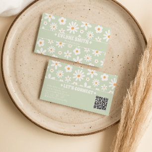 Tarjeta De Visita Retro Verde Blanco Código QR Groovy Floral Único D