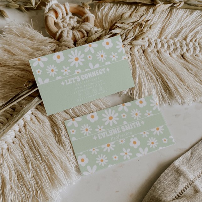 Tarjeta De Visita Retro Verde Blanco Groovy Floral Boho Único de Mod (Subido por el creador)