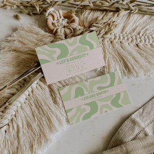 Tarjeta De Visita Retro Verde Boho Groovy de Moda Abstracto