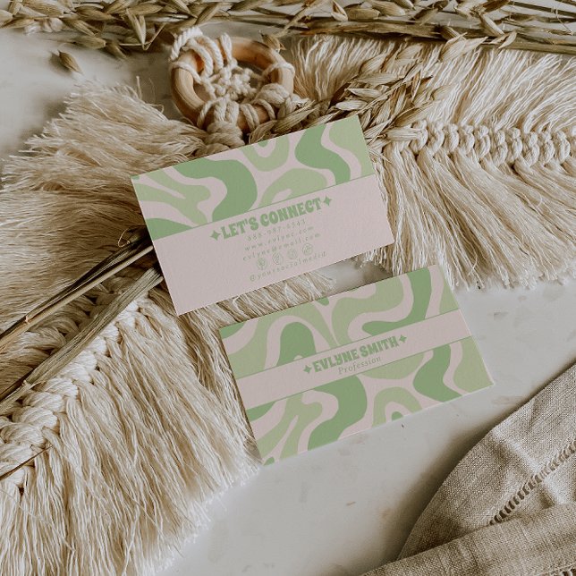 Tarjeta De Visita Retro Verde Boho Groovy de Moda Abstracto (Subido por el creador)