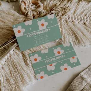 Tarjeta De Visita Retro Verde Groovy Floral Boho Único Divertido