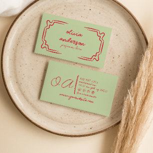 Tarjeta De Visita Retro Verde Rojo manuscrito dibujado Girly único