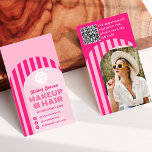 Tarjeta De Visita Retro vintage años 70 maquillaje de fotos en arco<br><div class="desc">Un bonito y audaz maquillaje de nombre y auto de negocios de cabello con arco rosa neón retro de los años 70 y rosa pastel con arco de rayas retro,  y formas geométricas.</div>