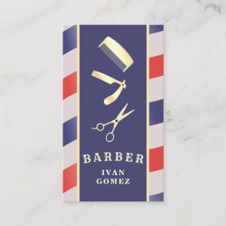 Tarjeta De Visita Retro Vintage Gold Barber Tools Red Blue Descuento