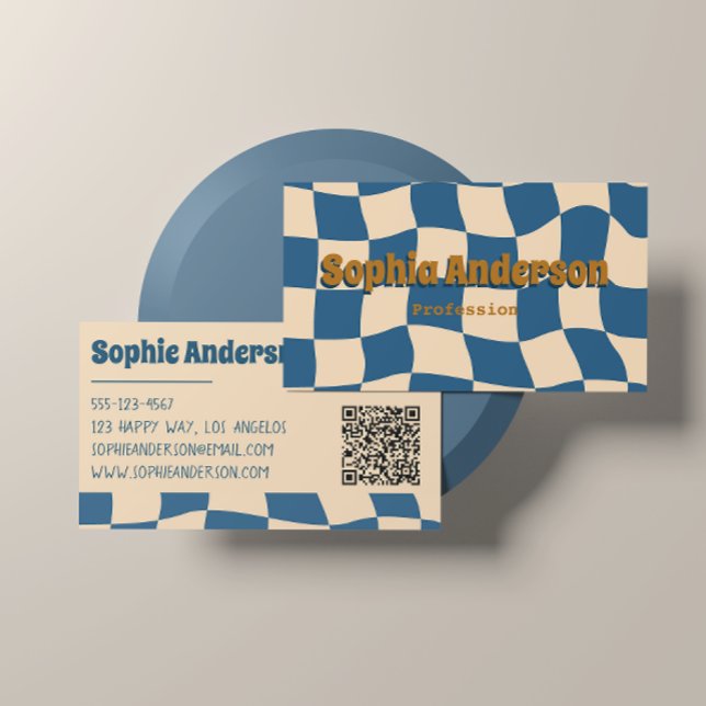 Tarjeta De Visita Retro Wavy Checkerboard Funky Blue Beige  (Subido por el creador)
