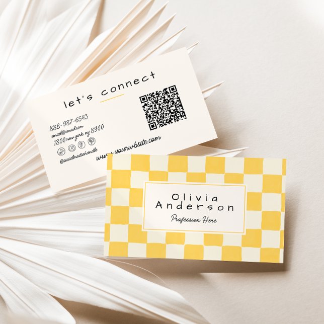 Tarjeta De Visita Retro yellow Cream Wavy Checkered Pastel QR Code (Subido por el creador)