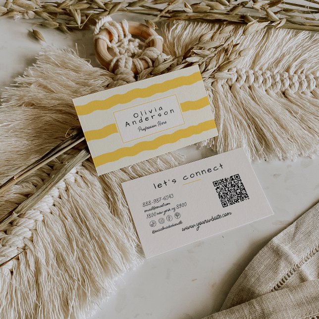 Tarjeta De Visita Retro Yellow Wavy Stripes Trendy Boho QR Code Fun (Subido por el creador)