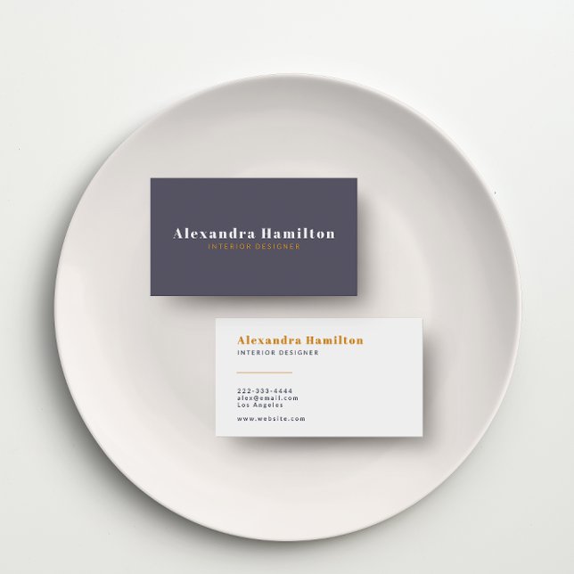 Tarjeta De Visita Reuniones modernas silenciadas: Moda malva y mosta (A stylish modern mauve and mustard yellow business card with classic typography.)
