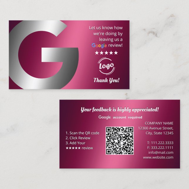Tarjeta De Visita Revisiones y calificaciones de Google (Anverso / Reverso)