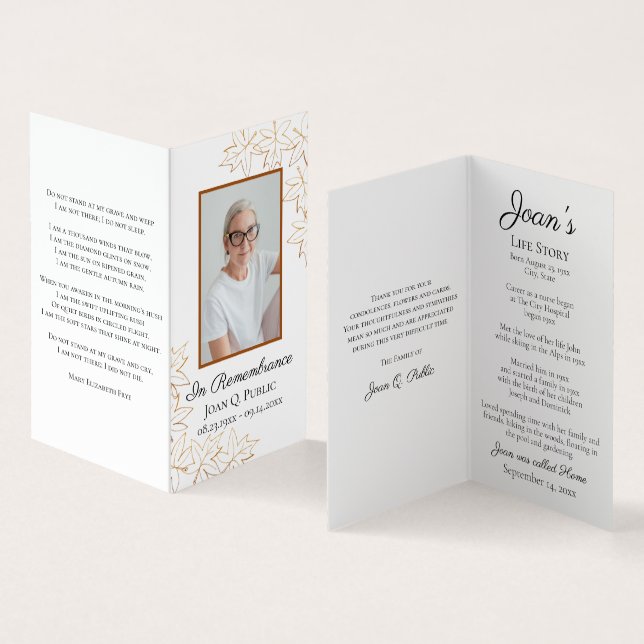 Tarjeta De Visita Rezo conmemorativo de Fall Maple Leaves Funeral Se (Interior y exterior)