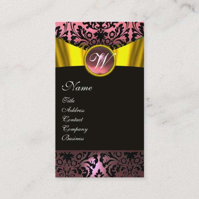TARJETA DE VISITA RIBÓN ORO AMARILLO ROJO ROJO NEGRO DAMASK MONOGRAM (Anverso)