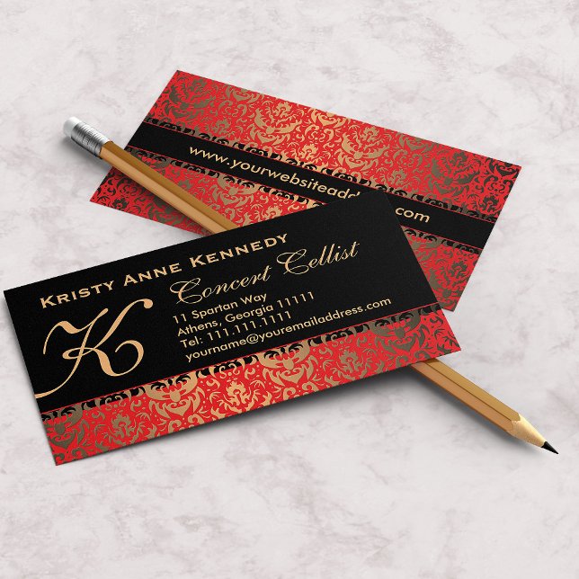Tarjeta De Visita Rico elegante Oro Rojo y Damasco Negro Clásico (Subido por el creador)