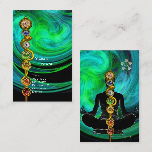 Tarjeta De Visita ROD ASCLEPIUS,7 CHAKRAS YOGA LOTUS POSE Blue Green (Anverso / Reverso)