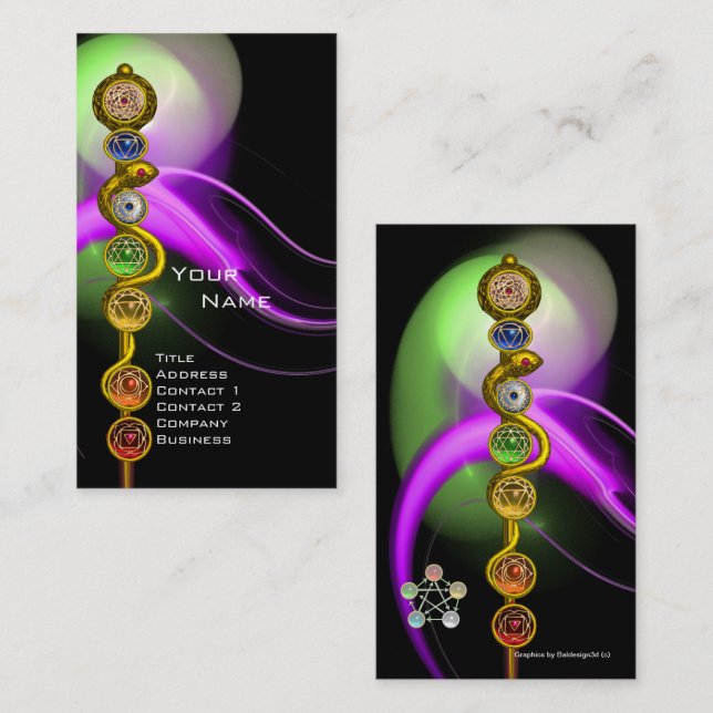TARJETA DE VISITA ROD DE ASCLEPIUS,7 CHAKRAS, YOGA, ENERGÍA ESPIRITU (Anverso / Reverso)