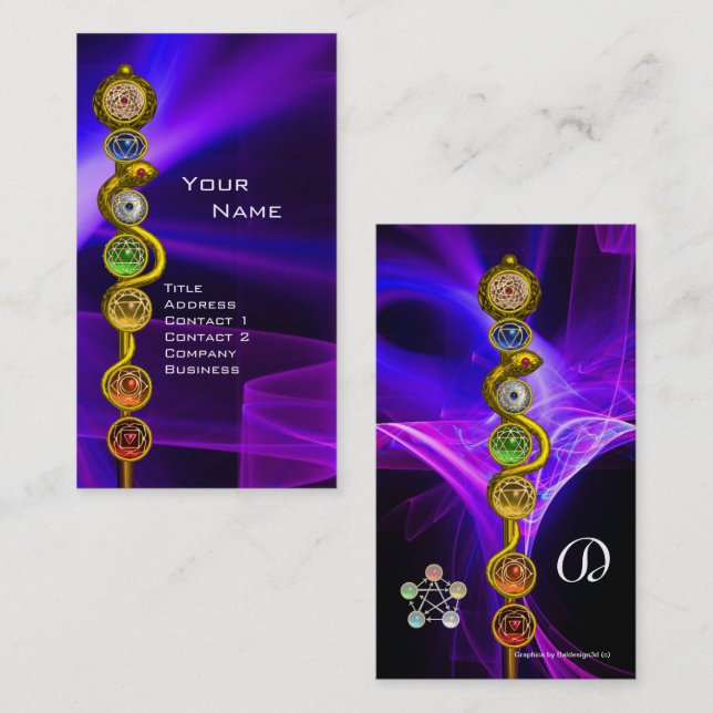 TARJETA DE VISITA ROD DE ASCLEPIUS,7 CHAKRAS,YOGA ,ENERGÍA ESPIRITUA (Anverso / Reverso)