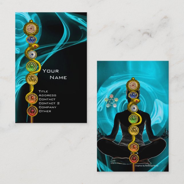 Tarjeta De Visita ROD DE ASCLEPIUS,7 CHAKRAS YOGA LOTUS POSE Azul (Anverso / Reverso)