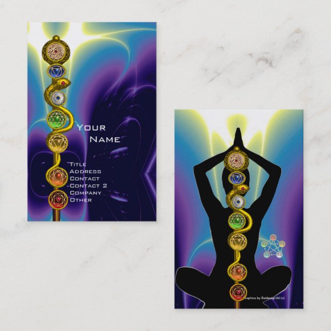 Tarjeta De Visita ROD DE ASCLEPIUS,7 CHAKRAS YOGA LOTUS POSE Azul (Anverso / Reverso)