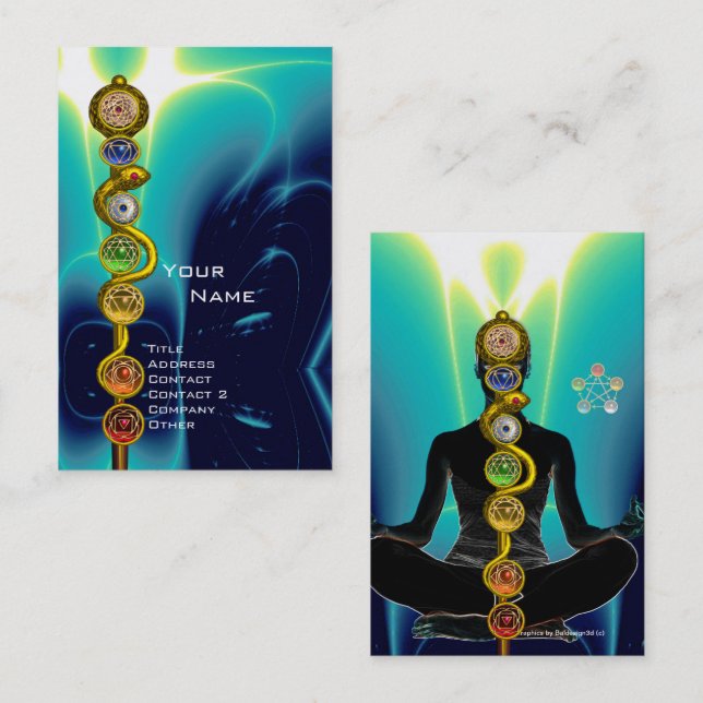 Tarjeta De Visita ROD DE ASCLEPIUS,7 CHAKRAS YOGA LOTUS POSE Azul (Anverso / Reverso)