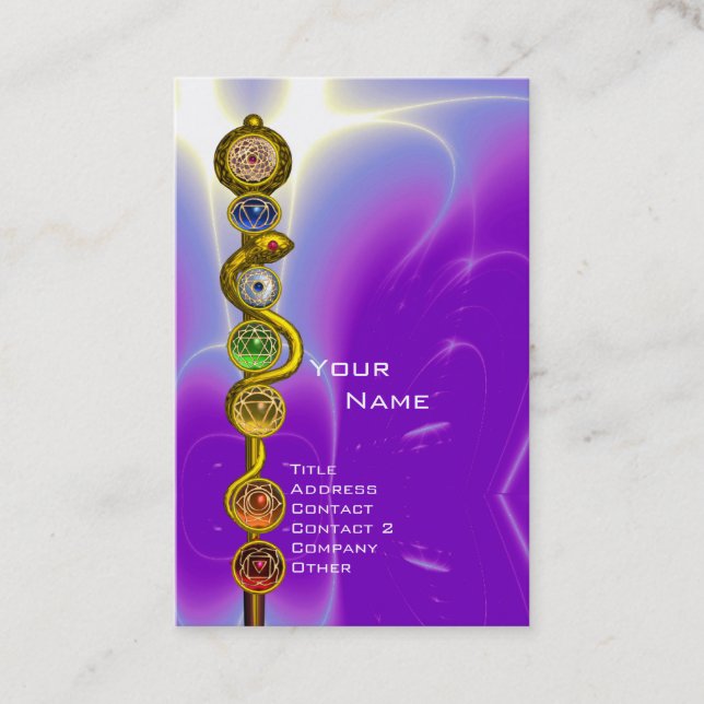 Tarjeta De Visita ROD DE ASCLEPIUS,7 CHAKRAS YOGA LOTUS POSE Púrpura (Anverso)