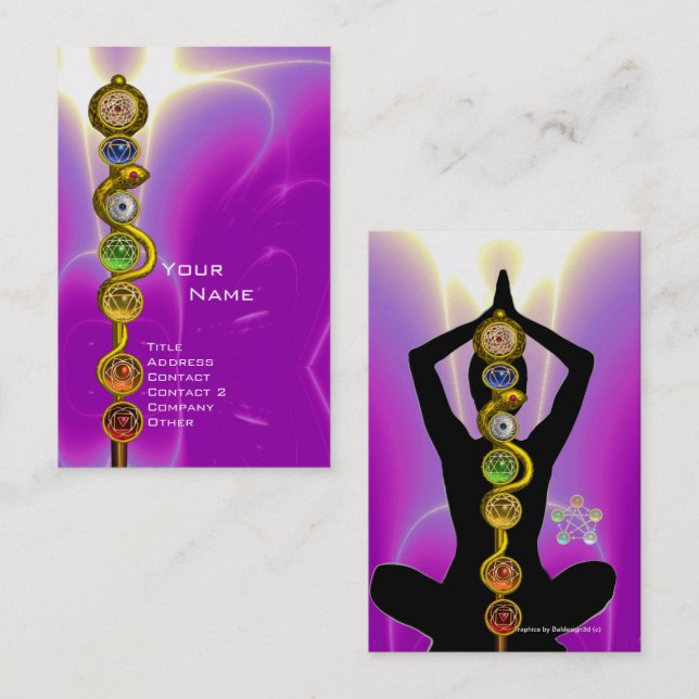 Tarjeta De Visita ROD DE ASCLEPIUS,7 CHAKRAS YOGA LOTUS POSE rosado (Anverso / Reverso)