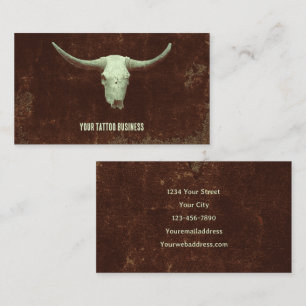 Tarjeta De Visita Rodeo Brown Western Rustic Tattoo Shop Bull Skull