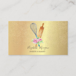 Tarjeta De Visita Rodillo Batidor Rosa Dorado Confeti Panadería