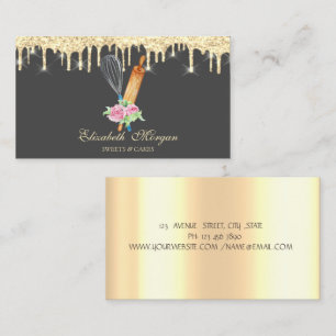 Tarjeta De Visita Rodillo de batir Flores Panadería Gotear Oro