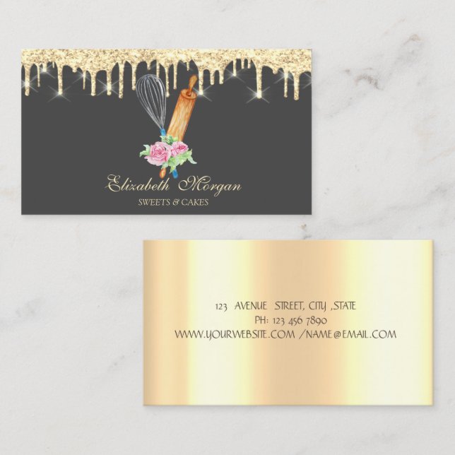 Tarjeta De Visita Rodillo de batir Flores Panadería Gotear Oro (Anverso / Reverso)