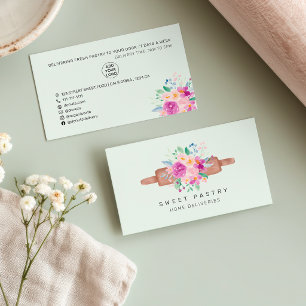 Tarjeta De Visita Rodillo de pastel de acuarela floral moderna panad