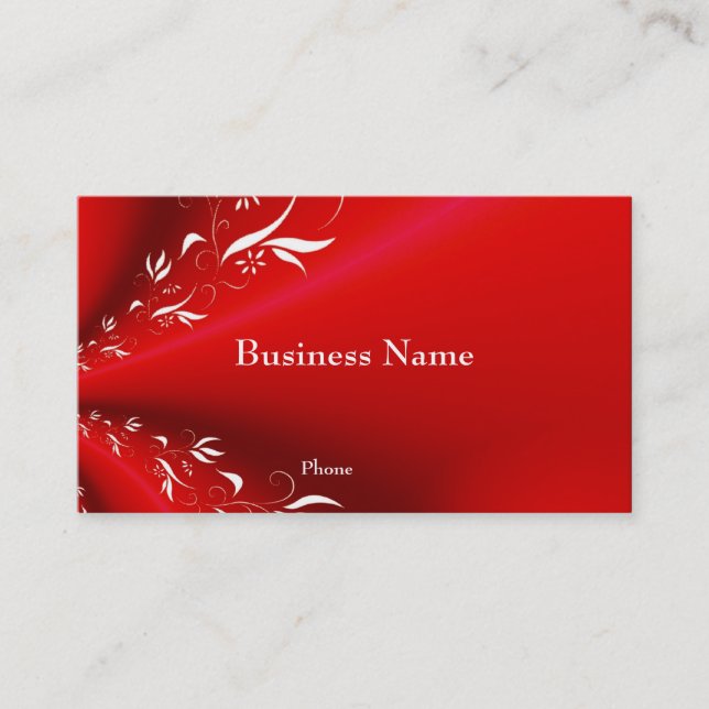 Tarjeta de visita roja con borde floral blanco (Anverso)