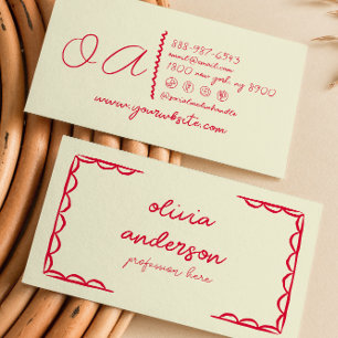 Tarjeta De Visita Rojo Amarillo Retro Escrito A Mano Curiosamente Gi