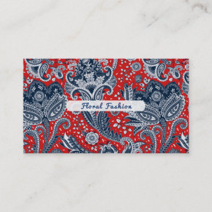 Tarjeta De Visita Rojo Blanco y Azul Floral Paisley Boho Bohemio