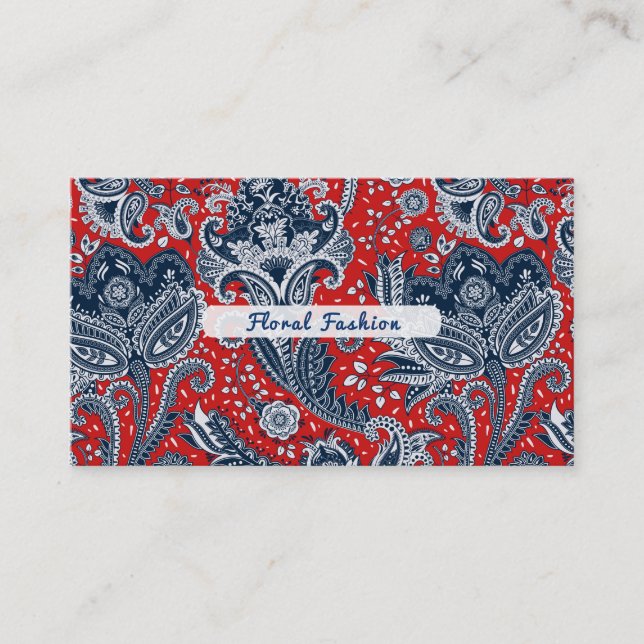 Tarjeta De Visita Rojo Blanco y Azul Floral Paisley Boho Bohemio (Anverso)