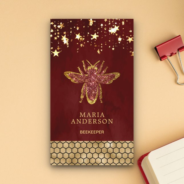 Tarjeta De Visita Rojo Burdeos Oro Glitter Abeja Apicultor (Subido por el creador)