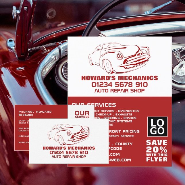 Tarjeta De Visita Rojo clásico, mecánico automático y reparaciones (Subido por el creador)