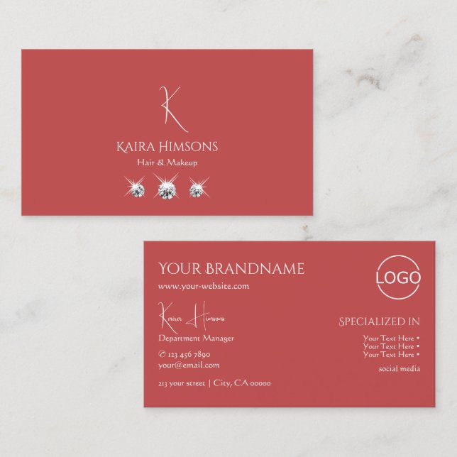 Tarjeta De Visita Rojo indio liso con logo y joyas de monograma (Anverso / Reverso)