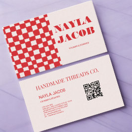 Tarjeta De Visita Rojo Pink Checkerboard Patrón QR Código hecho a ma