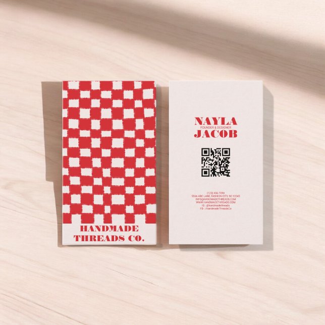 Tarjeta De Visita Rojo Pink Checkerboard Patrón QR Código hecho a ma (Subido por el creador)